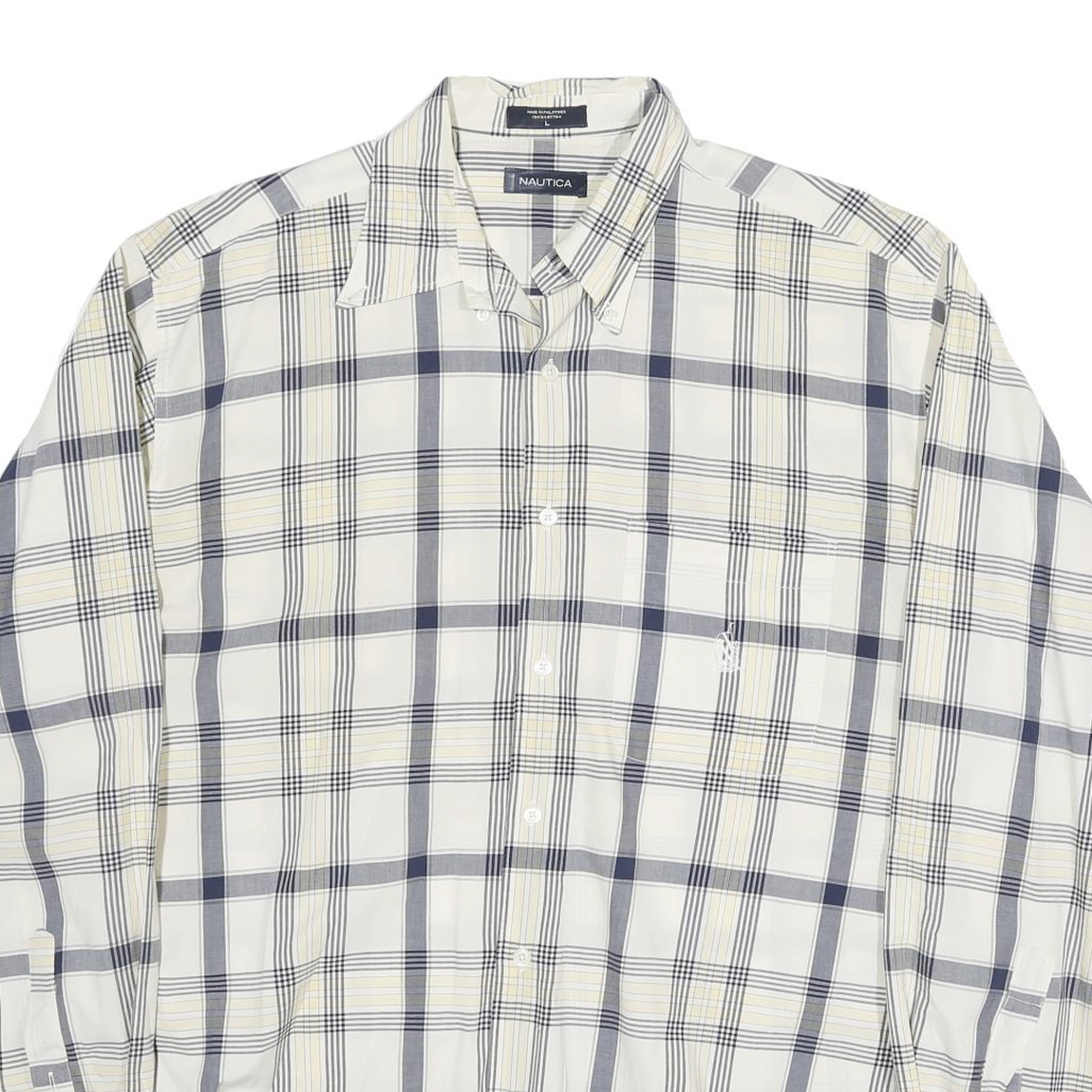 NAUTICA Mens White & Grey Check Shirt L Classic Cotton Blend Long Sleeve Button