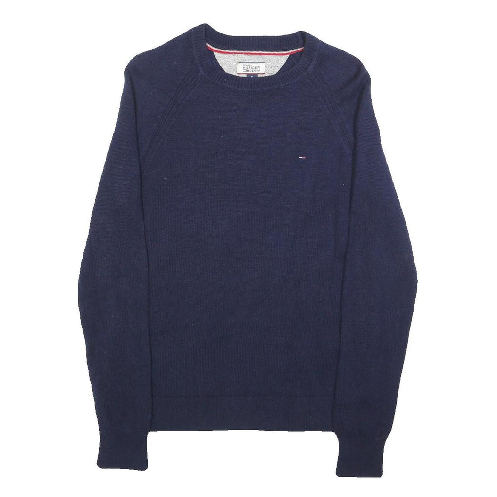TOMMY HILFIGER Womens Blue Plain Wool Blend Jumper Crew Neck Tight Knit M