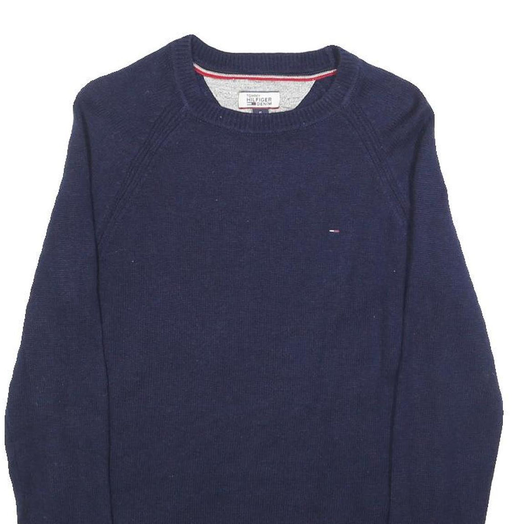 TOMMY HILFIGER Womens Blue Plain Wool Blend Jumper Crew Neck Tight Knit M