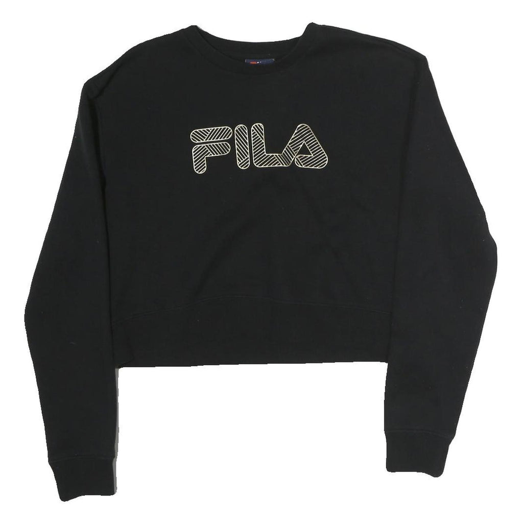 FILA Womens Black Crop Crew Neck Sweatshirt S Striped Logo Casual