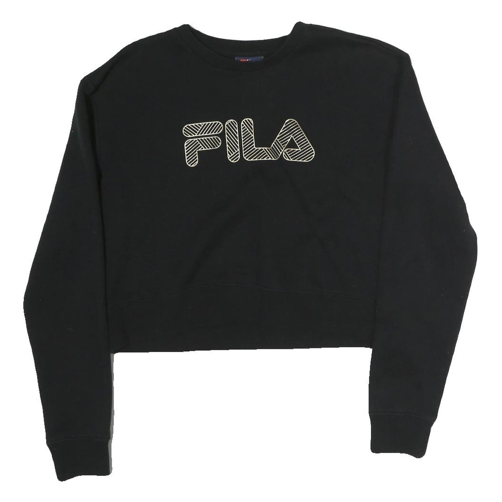 FILA Womens Black Crop Crew Neck Sweatshirt S Striped Logo Casual