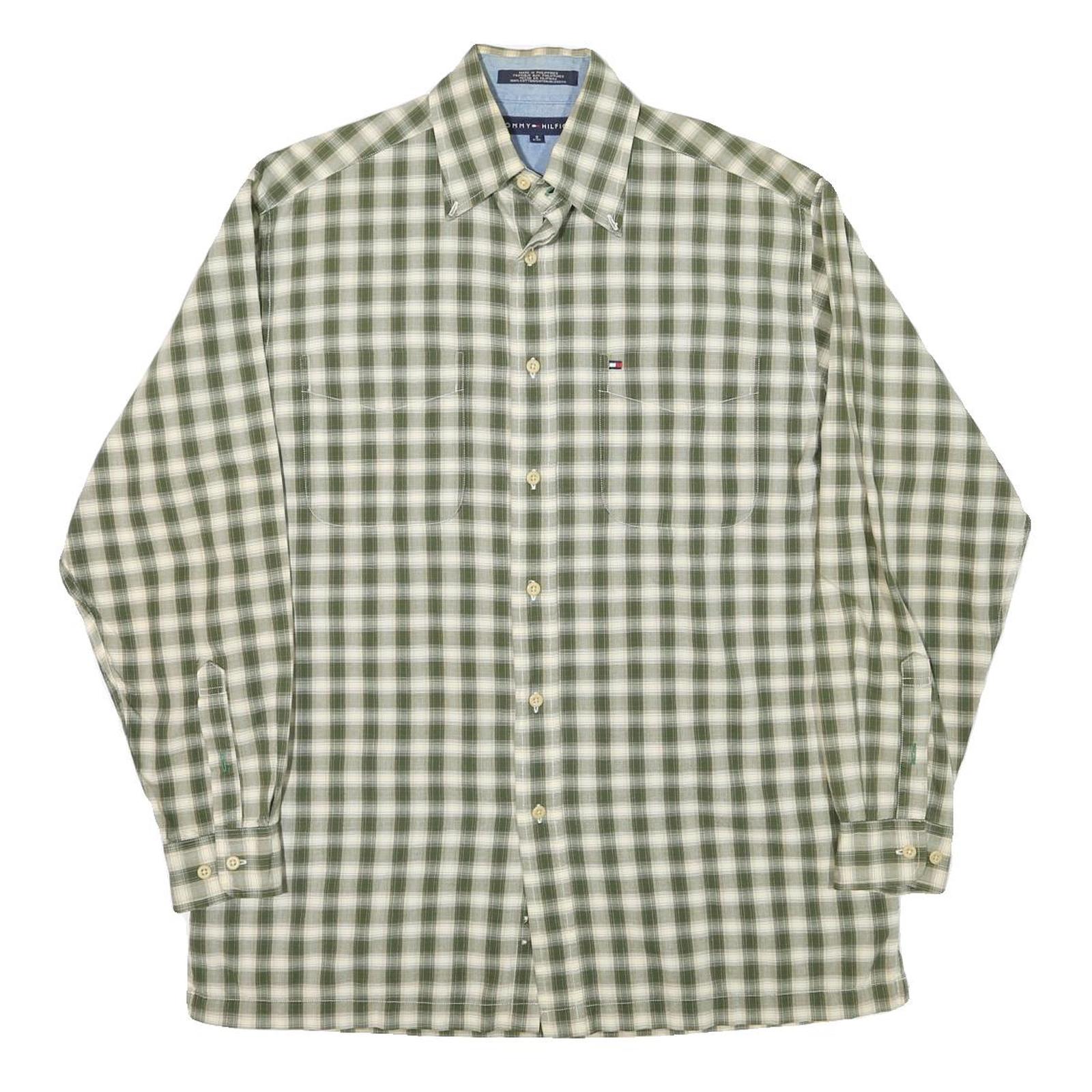 TOMMY HILFIGER Mens Green & White Check Shirt S Classic Cotton Blend Long Sleeve