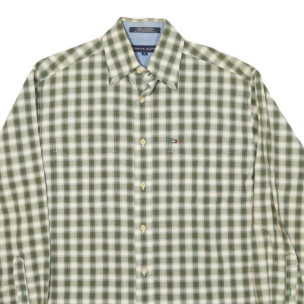 TOMMY HILFIGER Mens Green & White Check Shirt S Classic Cotton Blend Long Sleeve