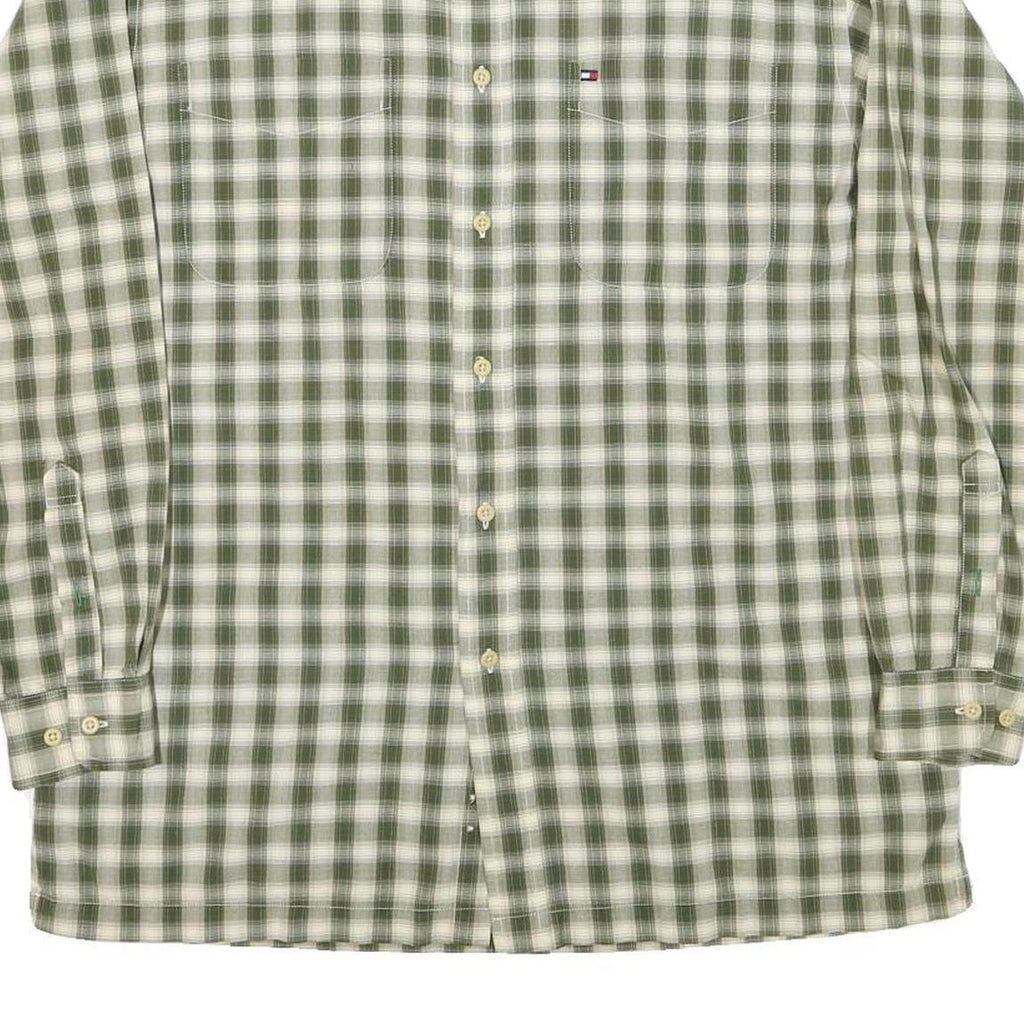 TOMMY HILFIGER Mens Green & White Check Shirt S Classic Cotton Blend Long Sleeve