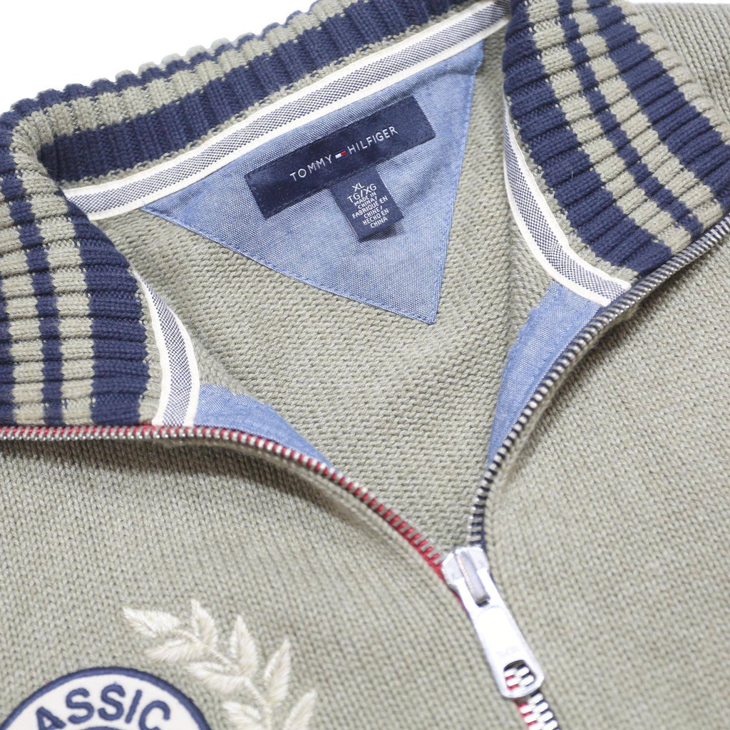 TOMMY HILFIGER Mens Green Classic Athletics Patterned V-Neck Chunky Knit XL Zip