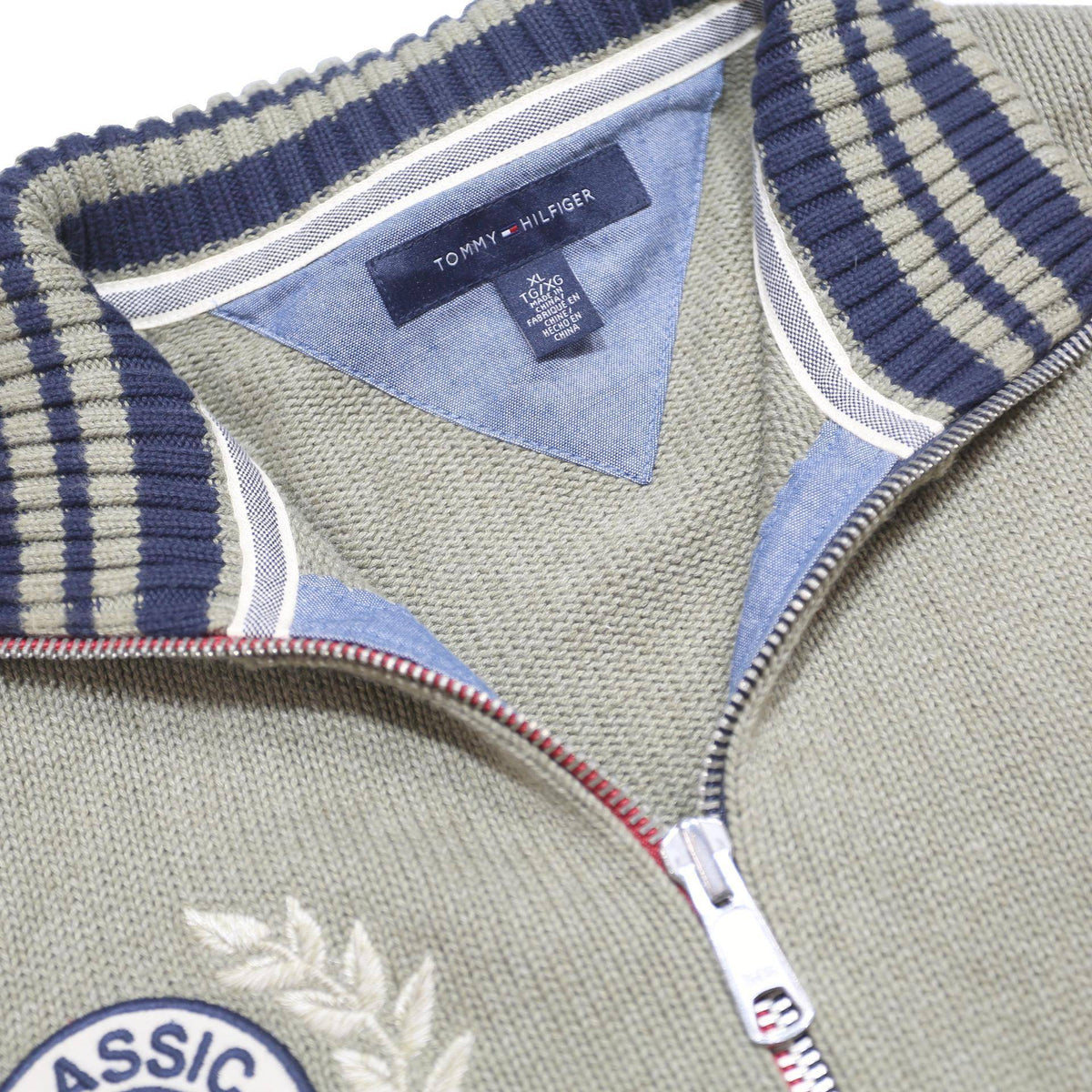 TOMMY HILFIGER Mens Green Classic Athletics Patterned V-Neck Chunky Knit XL Zip