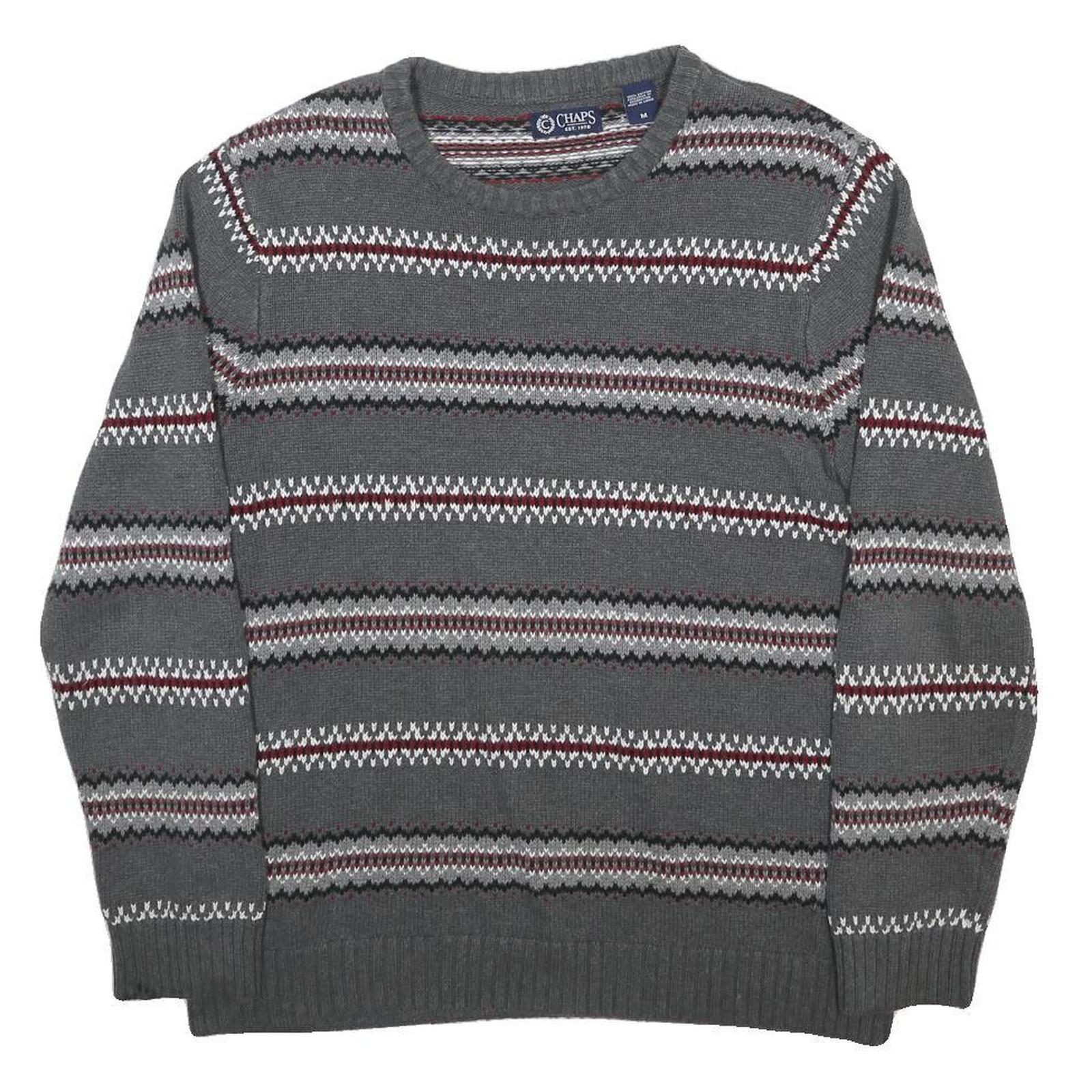 CHAPS Mens Grey & Red Patterned Cotton Jumper Crew Neck Regular Fit M Casual