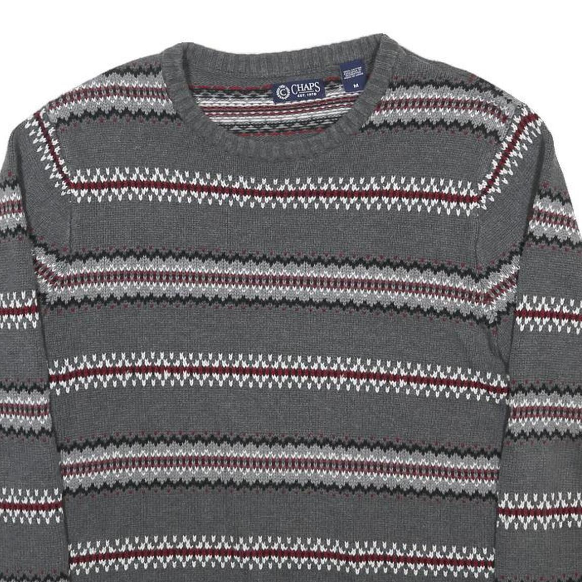 CHAPS Mens Grey & Red Patterned Cotton Jumper Crew Neck Regular Fit M Casual