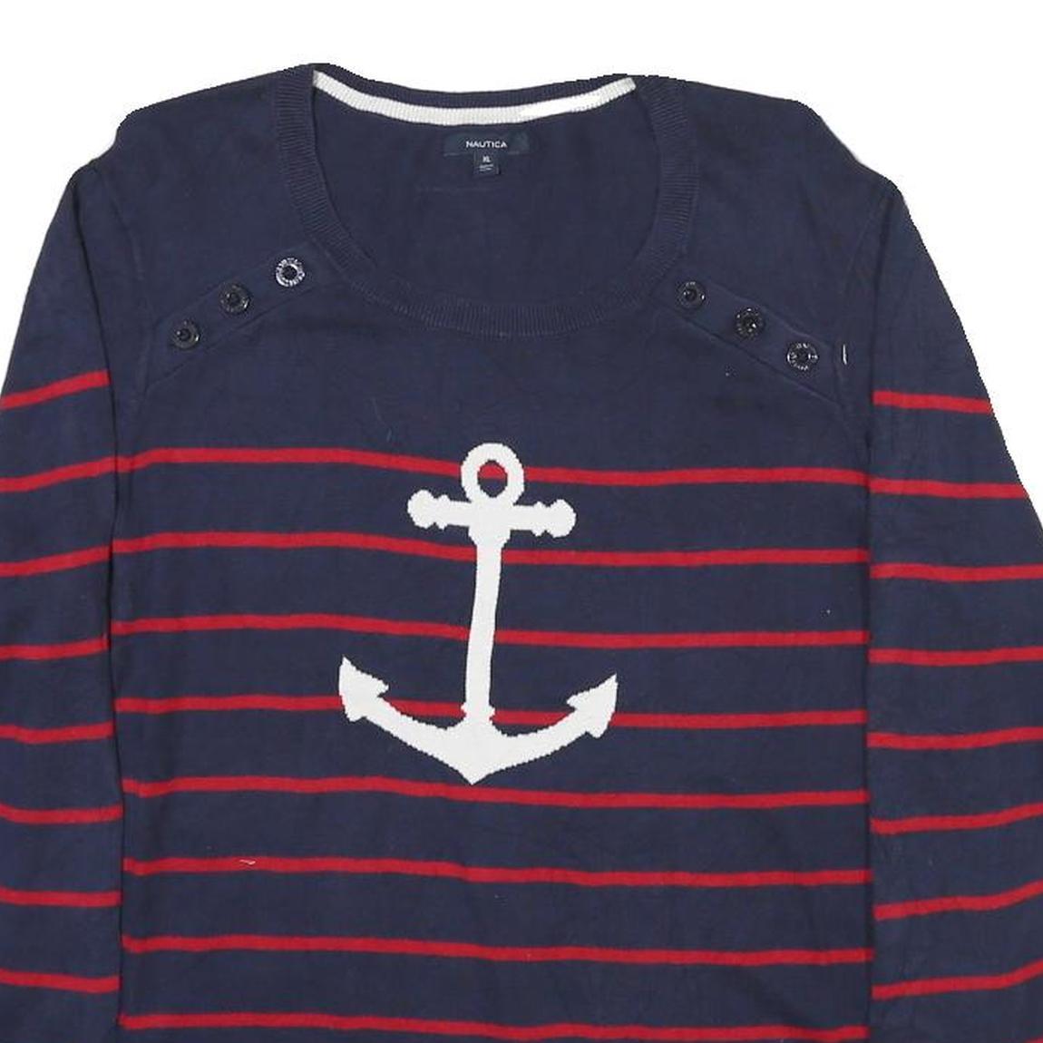 NAUTICA Womens Navy Blue & Red Anchor Patterned Jumper Crew Neck Basic Knit XL