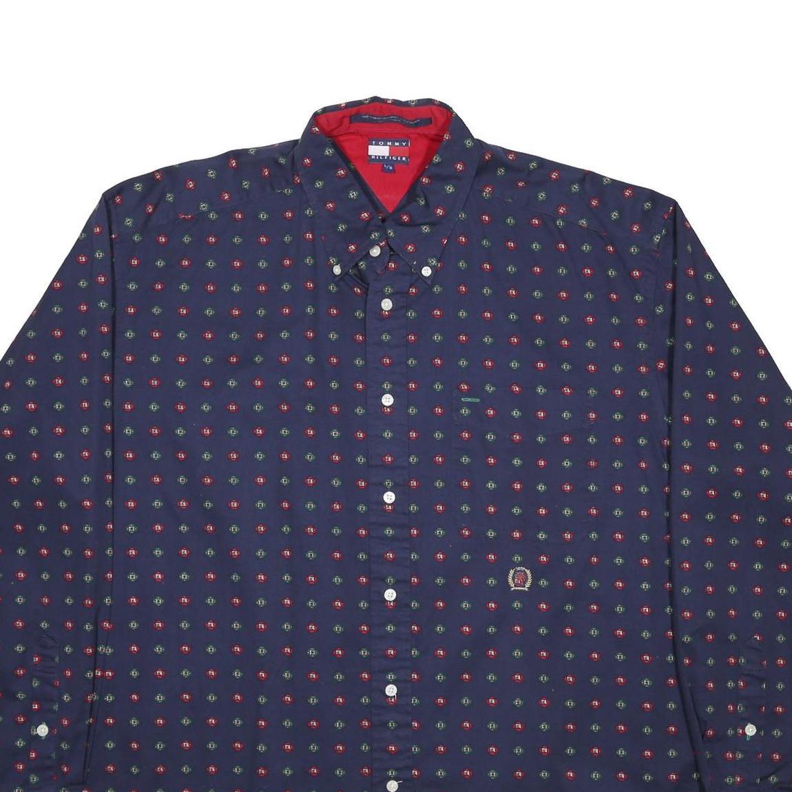 TOMMY HILFIGER Mens Navy Blue Patterned Shirt L Button Down Long Sleeve Cotton
