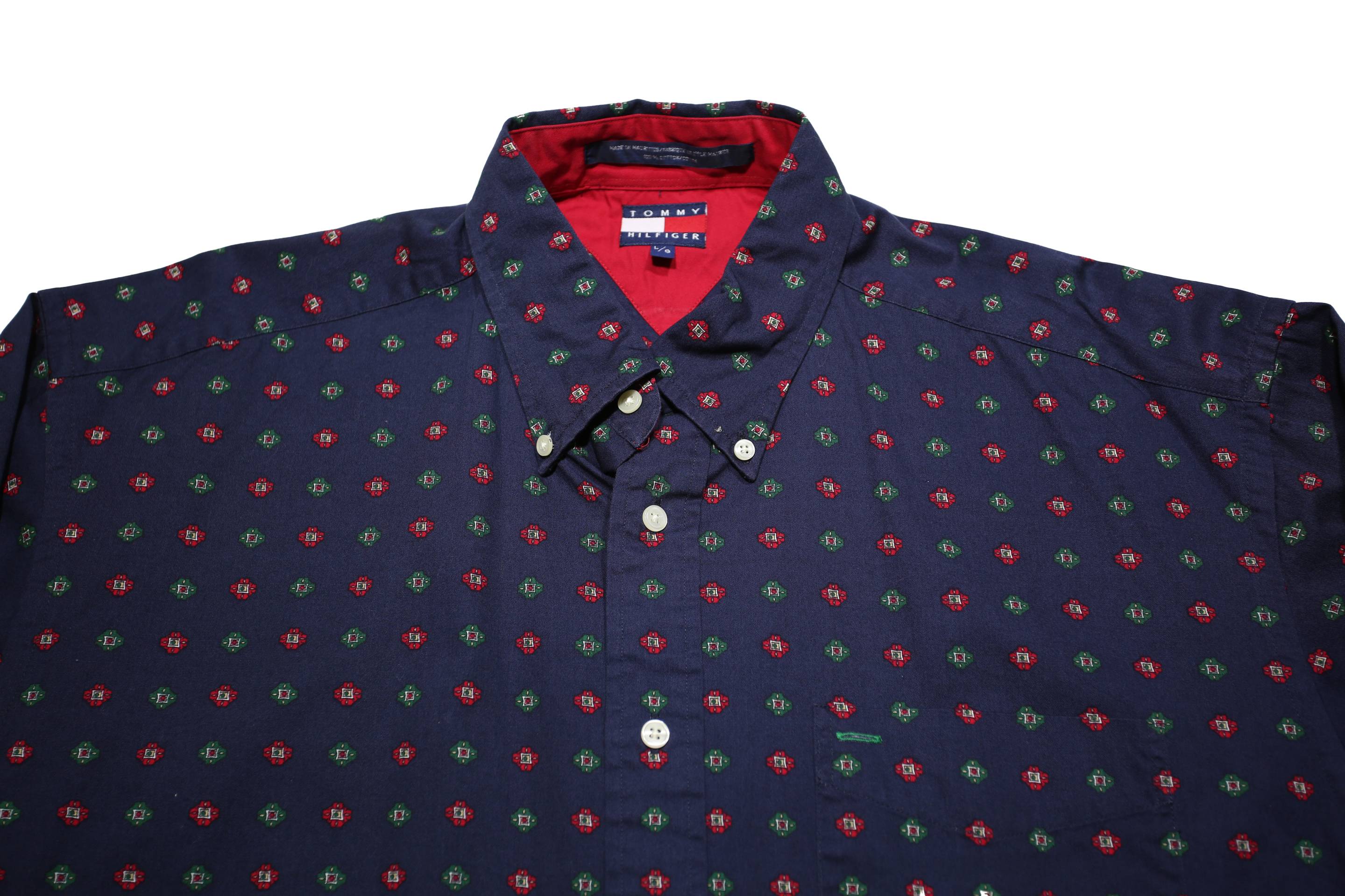 TOMMY HILFIGER Mens Navy Blue Patterned Shirt L Button Down Long Sleeve Cotton