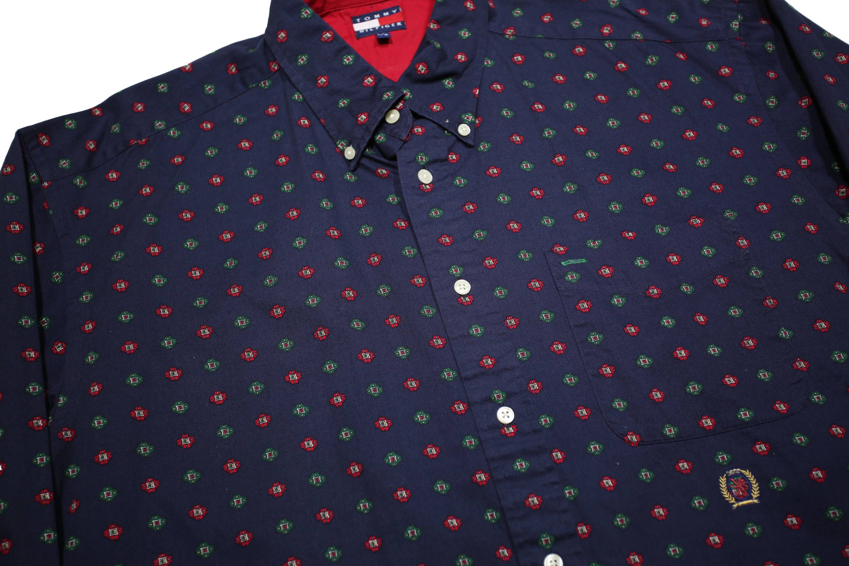 TOMMY HILFIGER Mens Navy Blue Patterned Shirt L Button Down Long Sleeve Cotton
