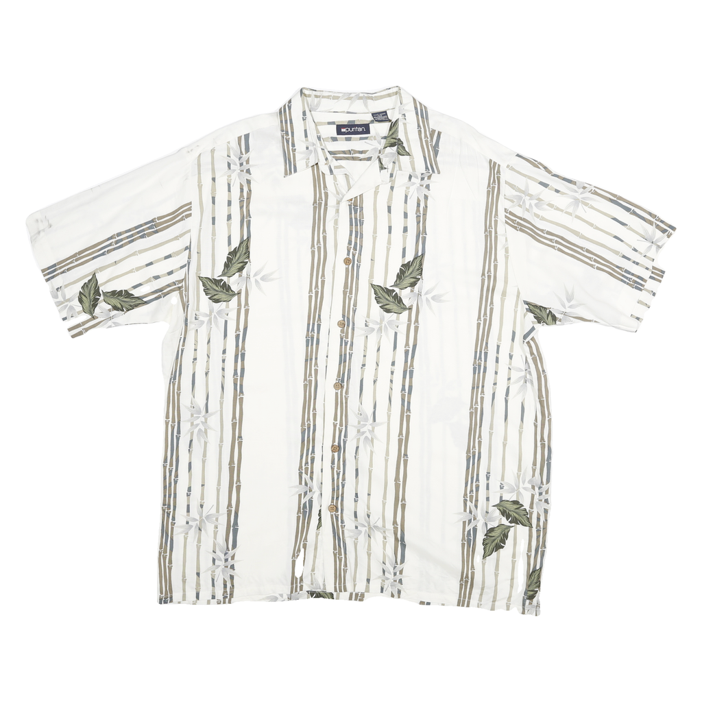 PURIYTAN Mens White & Beige Tropical Leaf Print Shirt L Relaxed Fit Semi Casual