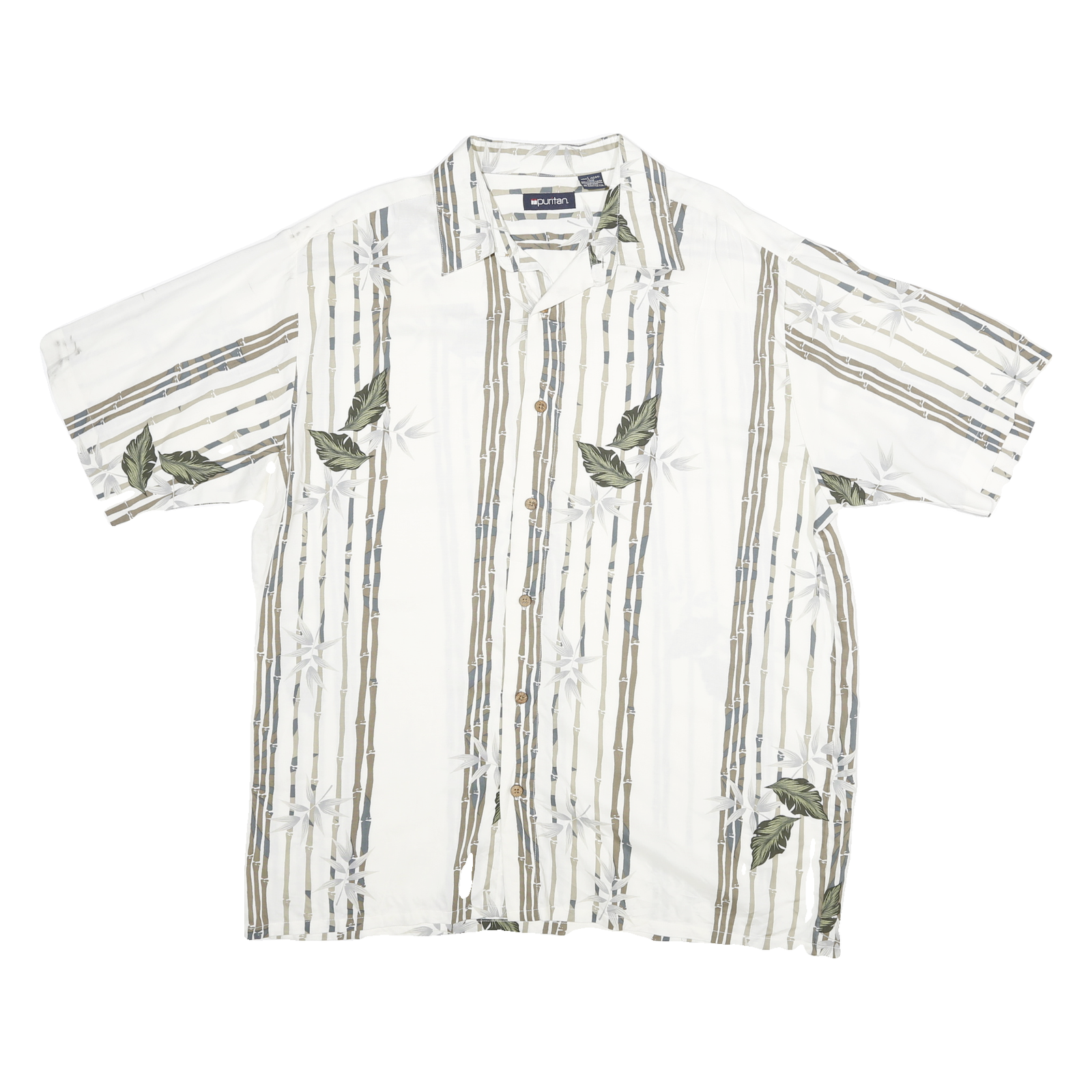 PURIYTAN Mens White & Beige Tropical Leaf Print Shirt L Relaxed Fit Semi Casual