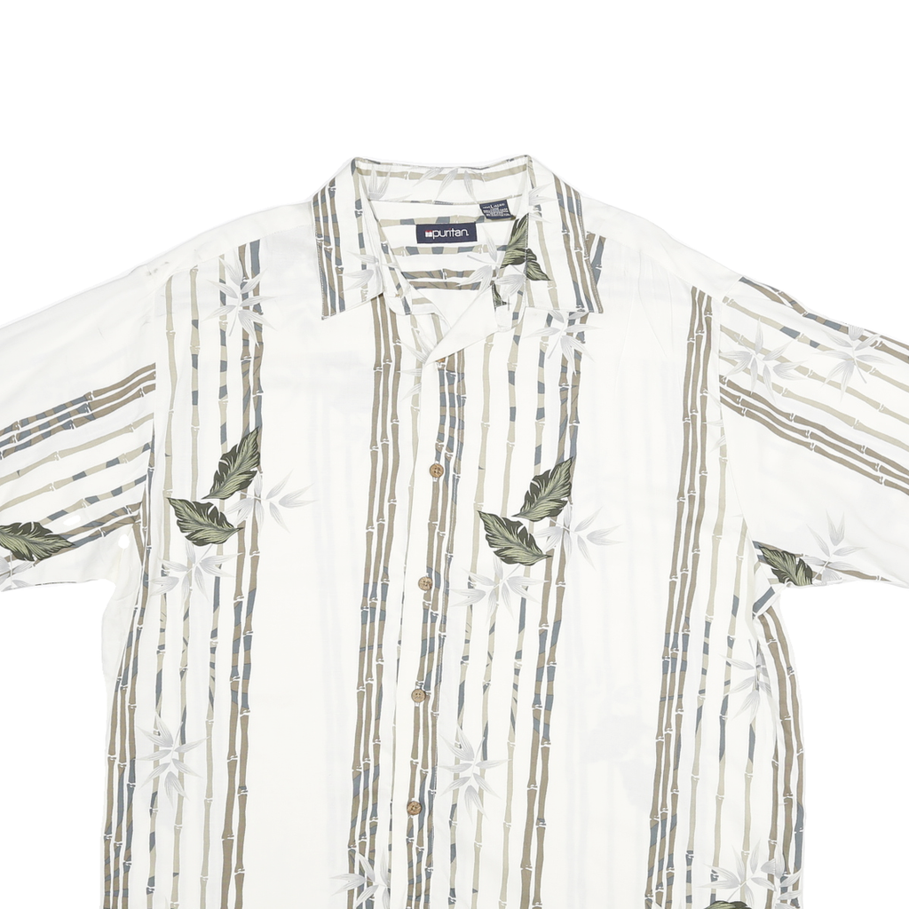 PURIYTAN Mens White & Beige Tropical Leaf Print Shirt L Relaxed Fit Semi Casual