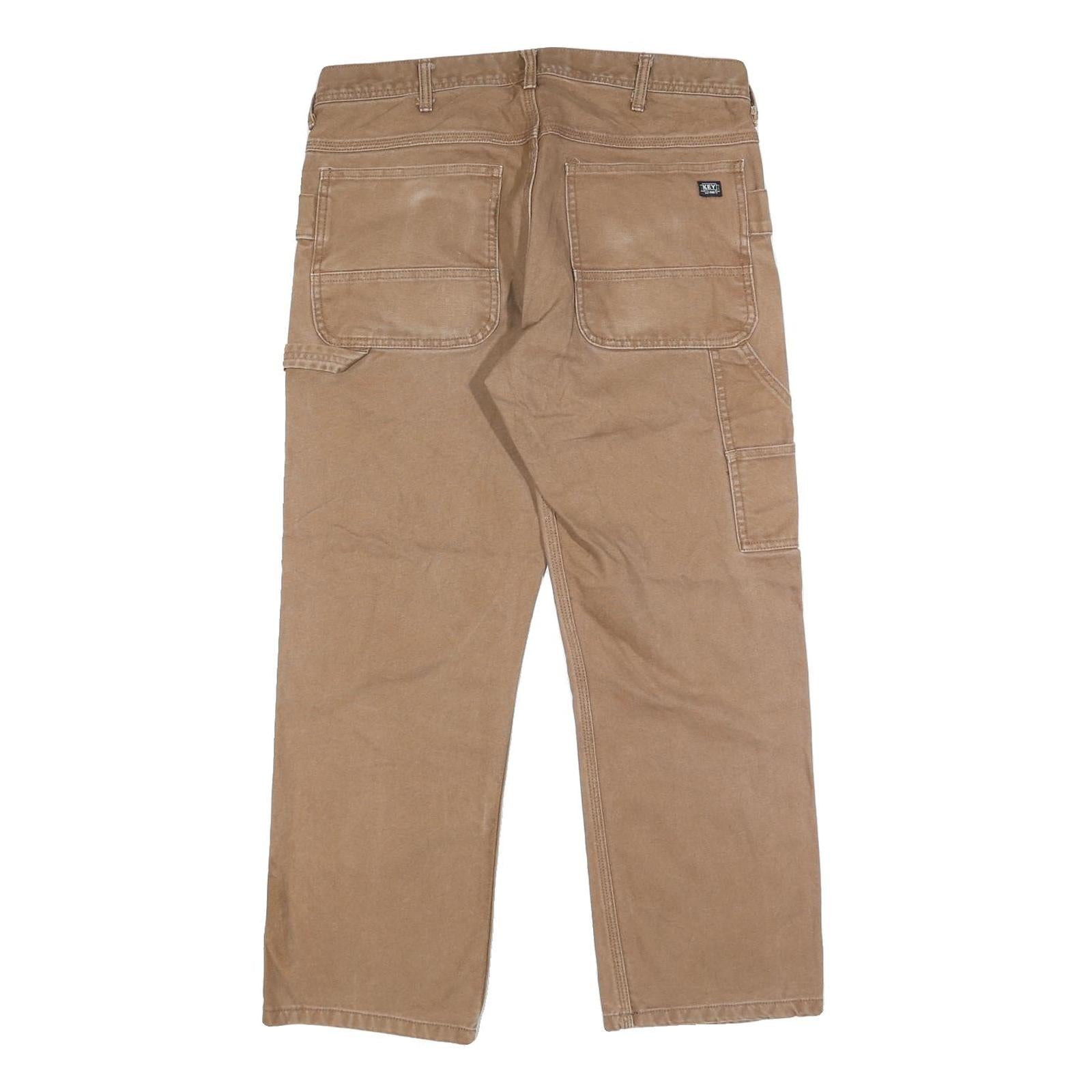 KEY Mens Cotton Beige Regular Fit Straight Leg Trousers W34 L27 Workwear Zip