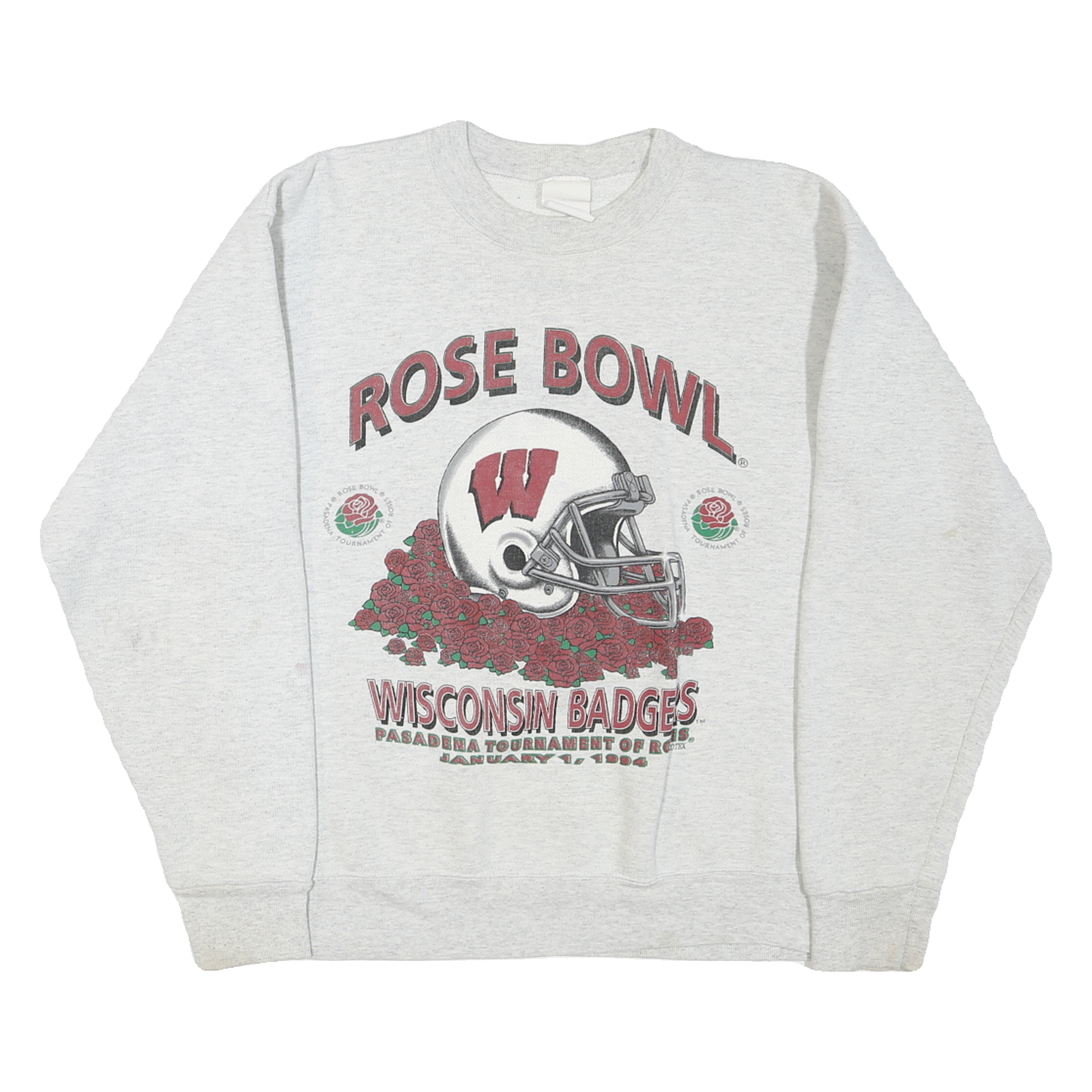Mens Grey Wisconsin Rose Bowl Graphic T-Shirt M Long Sleeve Crew Neck Cotton