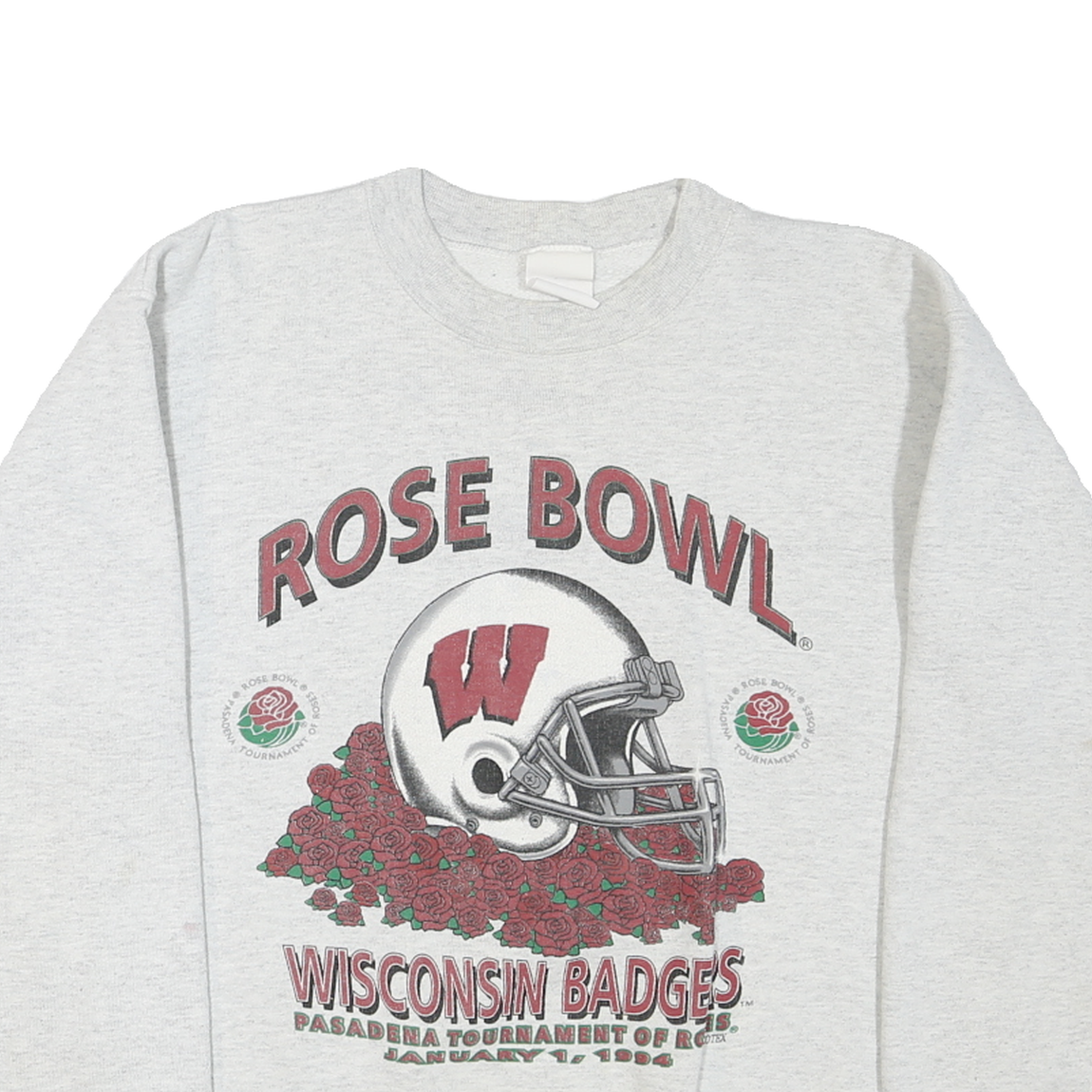 Mens Grey Wisconsin Rose Bowl Graphic T-Shirt M Long Sleeve Crew Neck Cotton