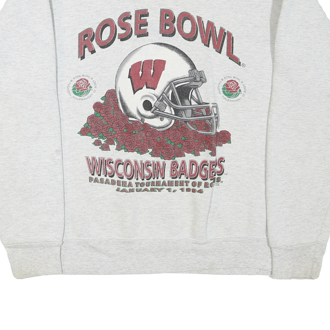 Mens Grey Wisconsin Rose Bowl Graphic T-Shirt M Long Sleeve Crew Neck Cotton