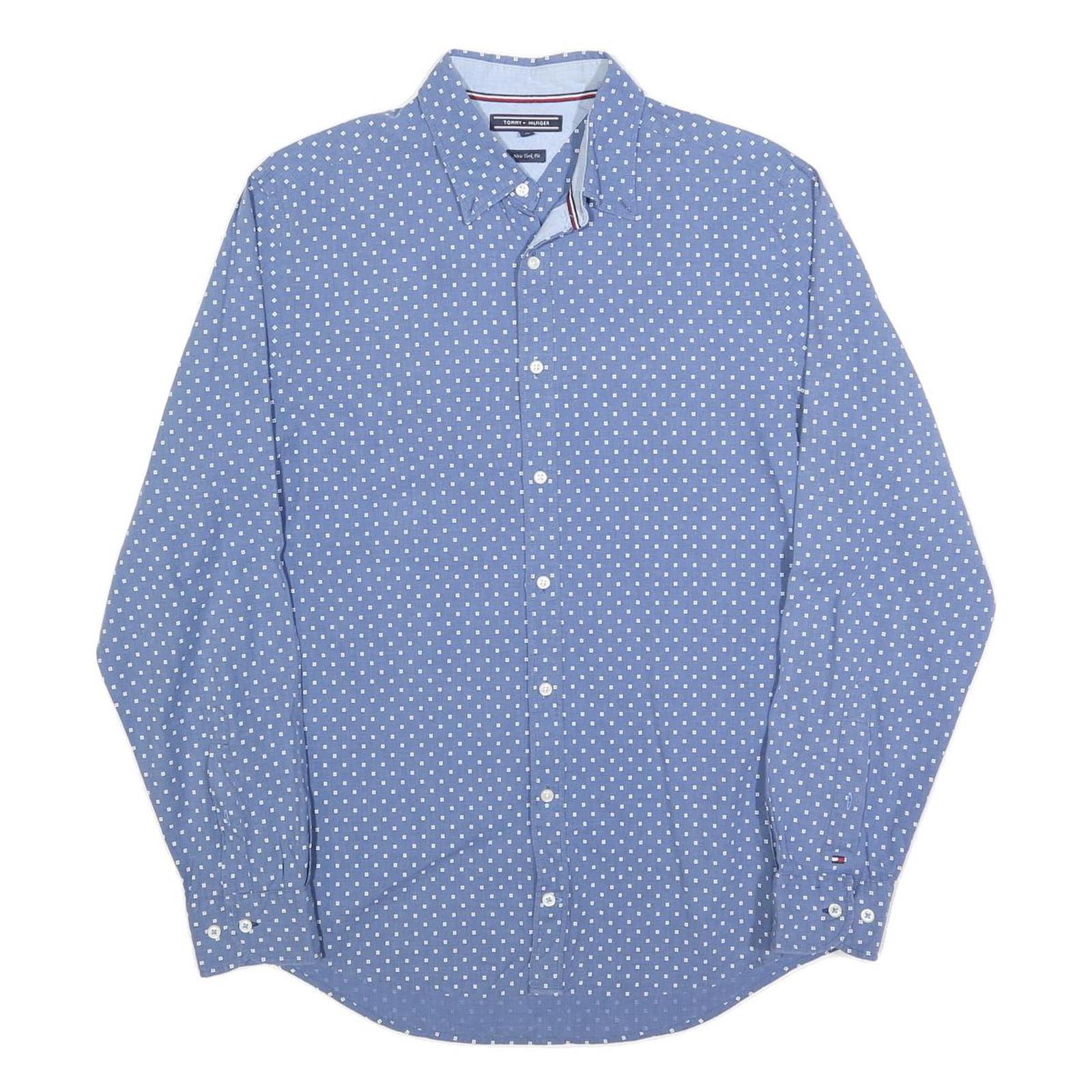TOMMY HILFIGER Mens Blue & White Polka Dot Shirt M Cotton Blend Button Collar