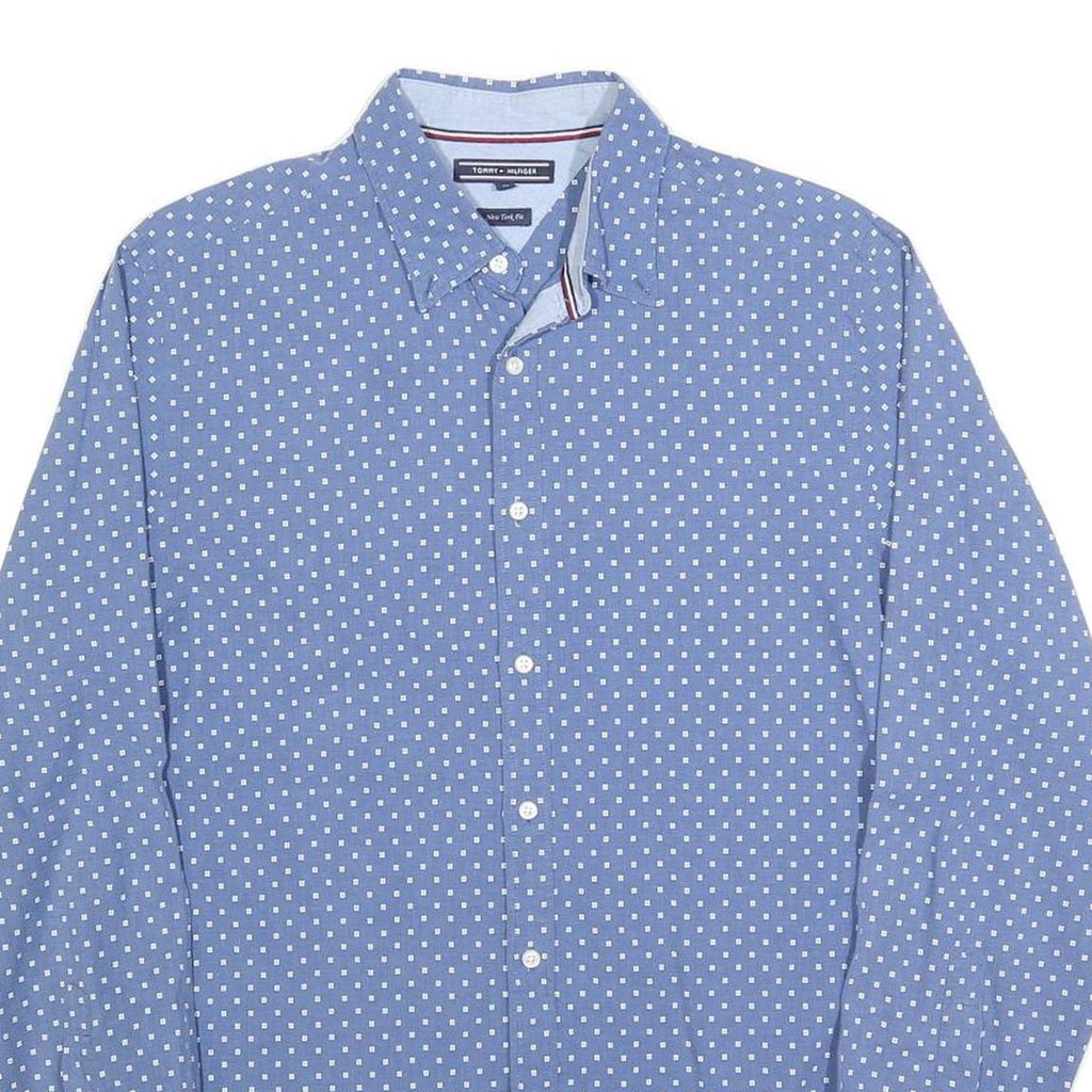 TOMMY HILFIGER Mens Blue & White Polka Dot Shirt M Cotton Blend Button Collar
