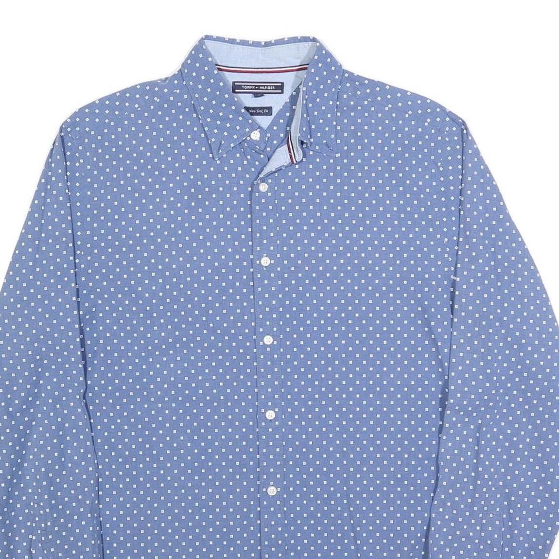 TOMMY HILFIGER Mens Blue & White Polka Dot Shirt M Cotton Blend Button Collar
