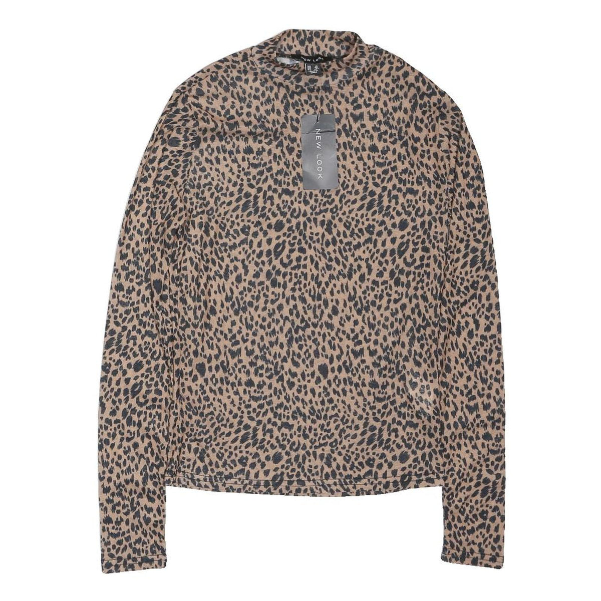 NEW LOOK Womens Beige & Black Printed Basic Long Sleeve Crew Neck Top UK 12