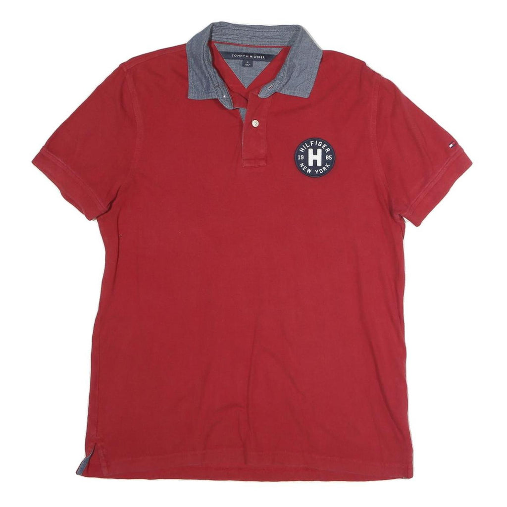 TOMMY HILFIGER Mens Red & Grey Polo Shirt M Cotton Classic Casual