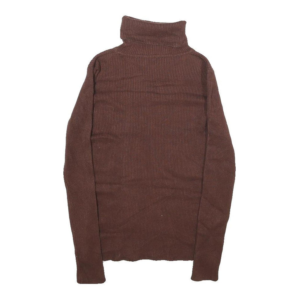 Womens Brown Plain Roll Neck Basic Knit Jumper XS Soft Warm Fitted Style