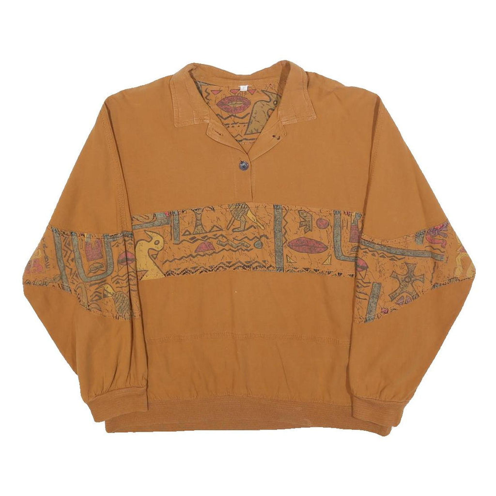 Womens Brown Patterned Long Sleeve Cotton Blend Polo Shirt M Casual Artistic