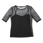 MINT BERRY Womens Black Sheer Mesh Polka Dot Cropped Top Short Sleeve Round Neck