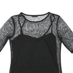 MINT BERRY Womens Black Sheer Mesh Polka Dot Cropped Top Short Sleeve Round Neck