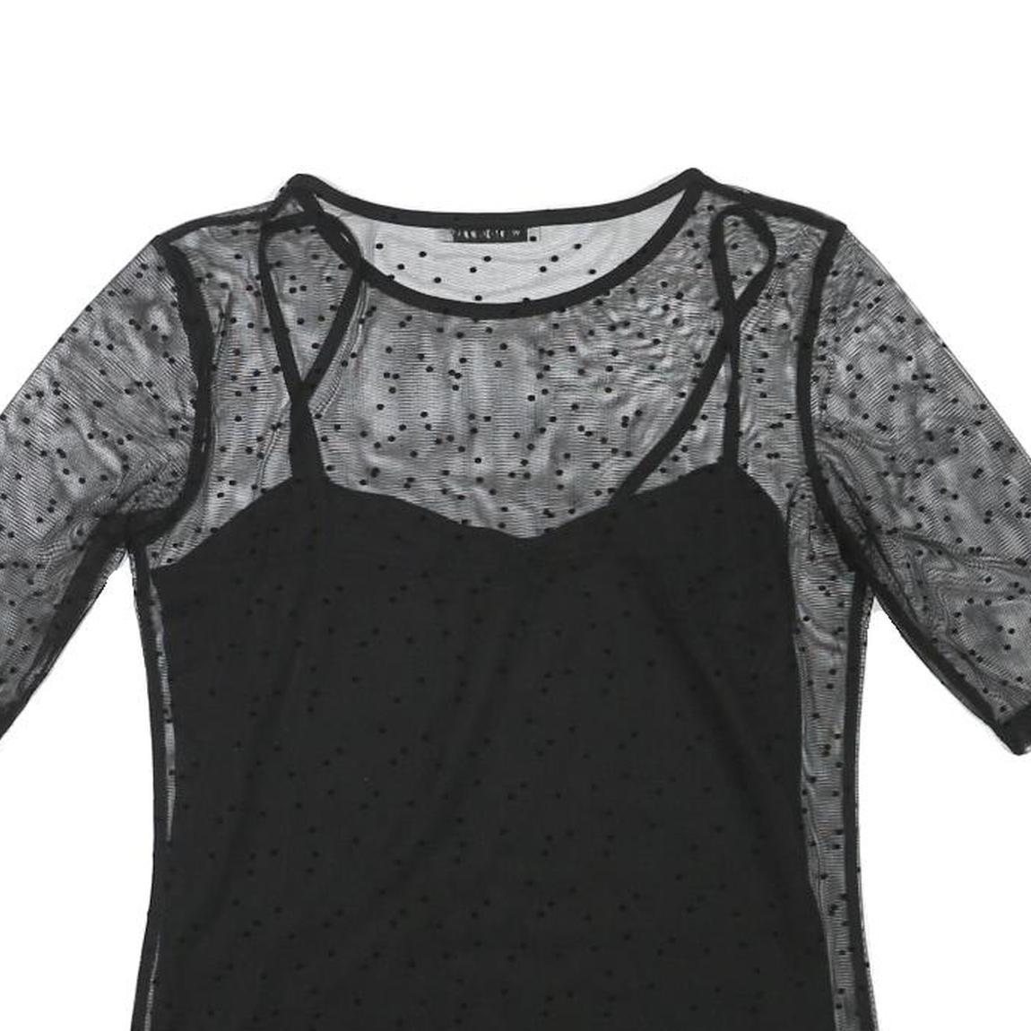 MINT BERRY Womens Black Sheer Mesh Polka Dot Cropped Top Short Sleeve Round Neck