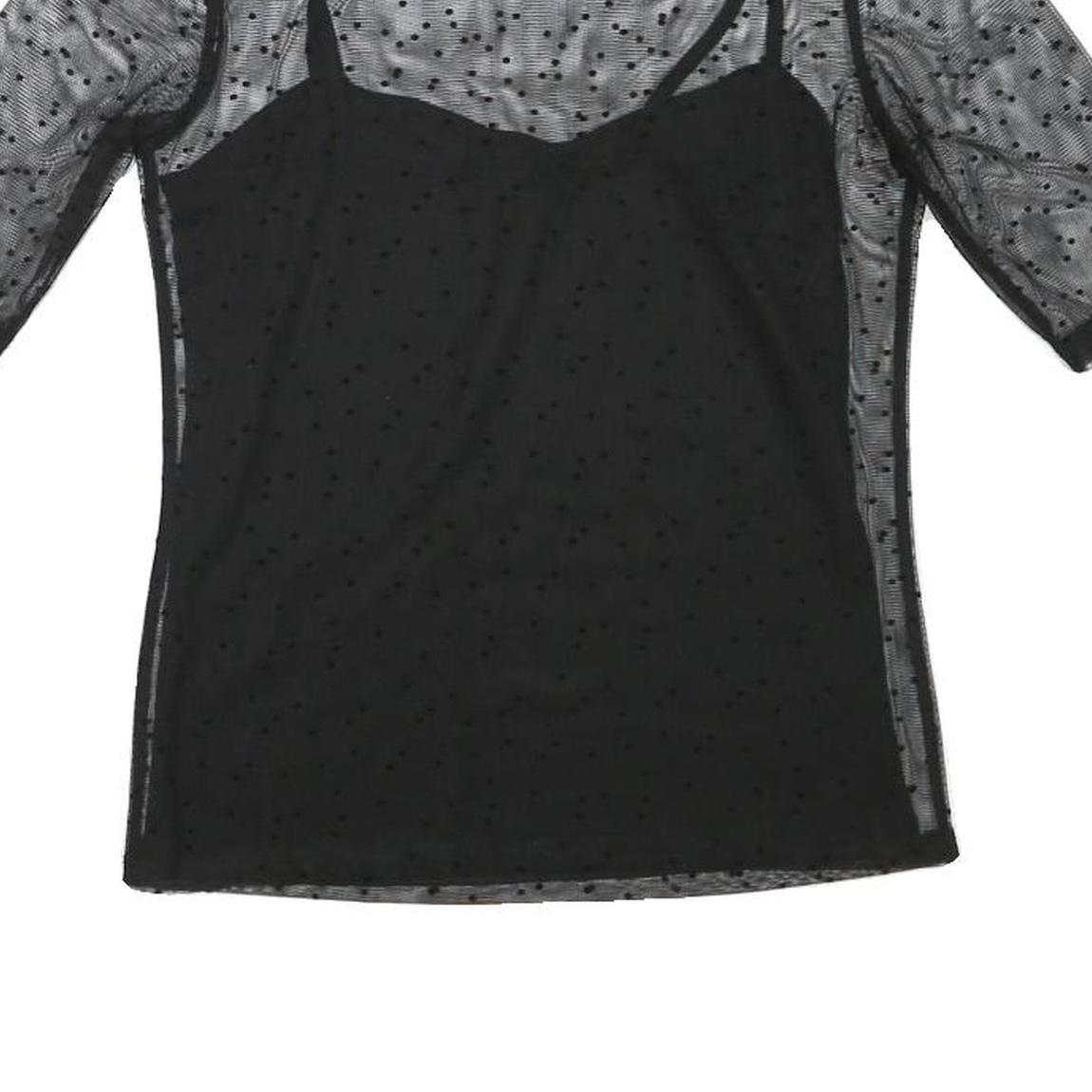 MINT BERRY Womens Black Sheer Mesh Polka Dot Cropped Top Short Sleeve Round Neck
