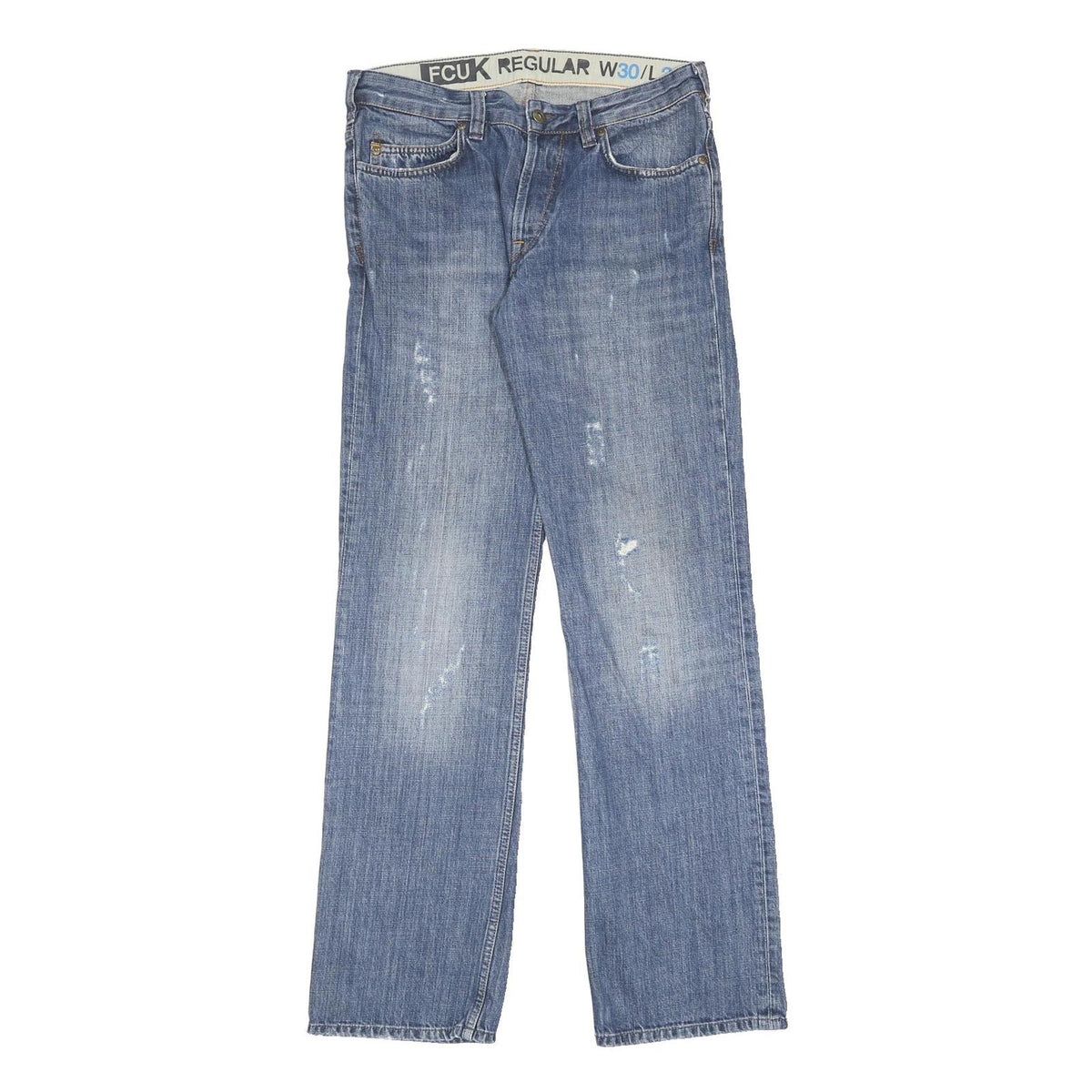 FCUK Mens Jeans Blue Regular Straight Denim Medium W30 L34 Cotton Button