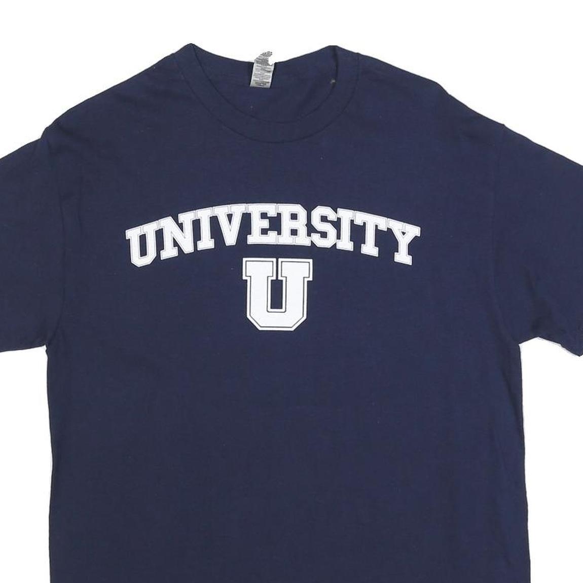GILDAN Mens Navy Blue University Graphic T-Shirt M Crew Neck Short Sleeve Cotton