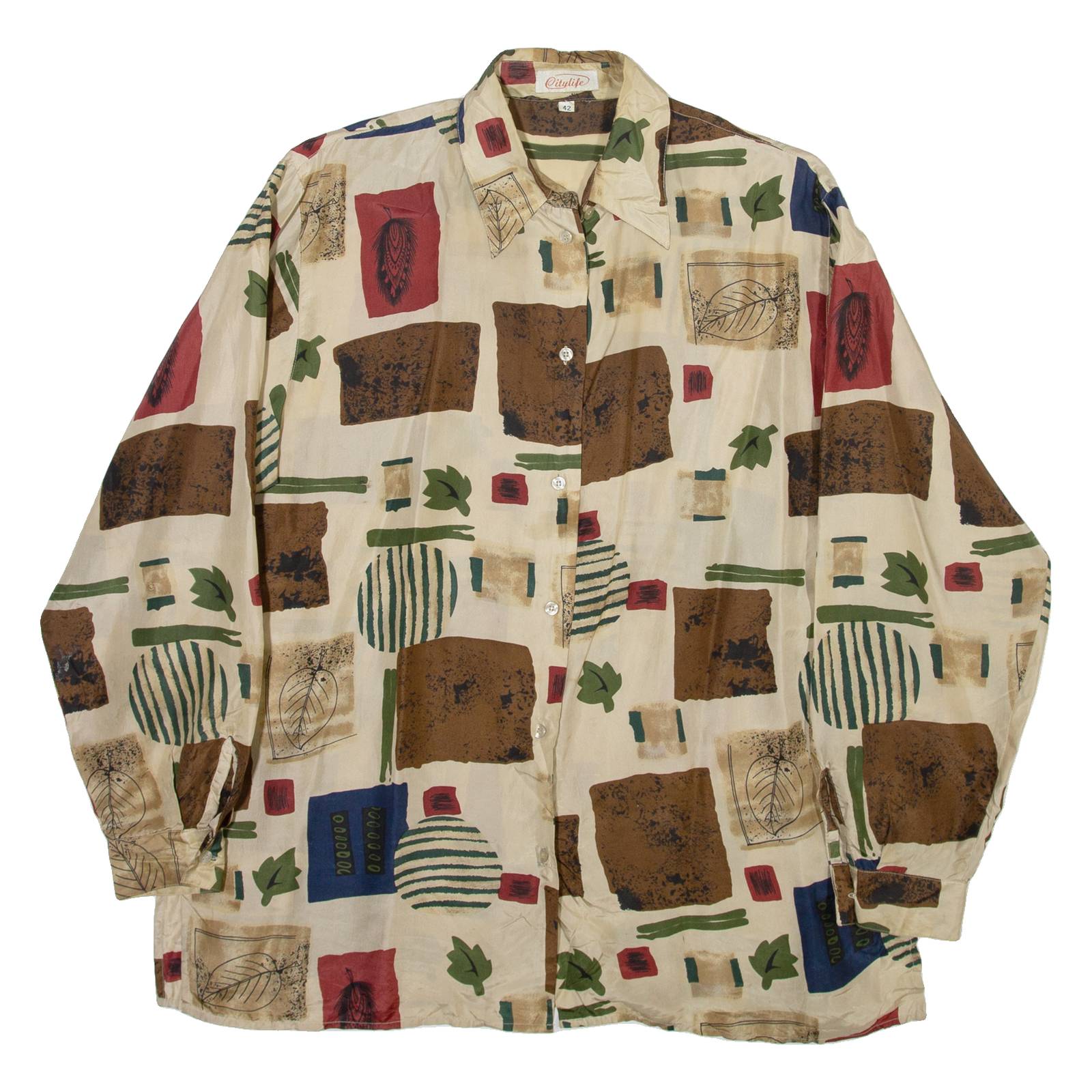 CITYLIFE Womens Printed Shirt Beige Collared Long Sleeve Viscose Crazy Pattern L