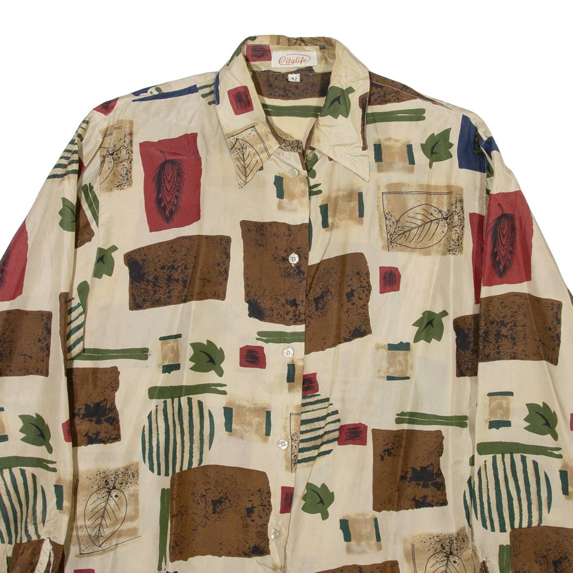 CITYLIFE Womens Printed Shirt Beige Collared Long Sleeve Viscose Crazy Pattern L