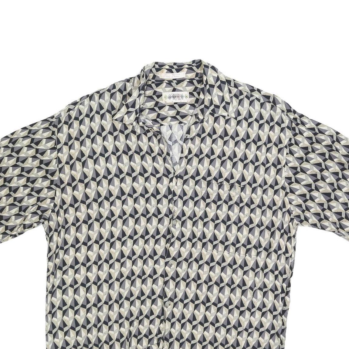 CAMPIA Mens Black & Beige Pattern Shirt L Cotton Blend Short Sleeve Casual