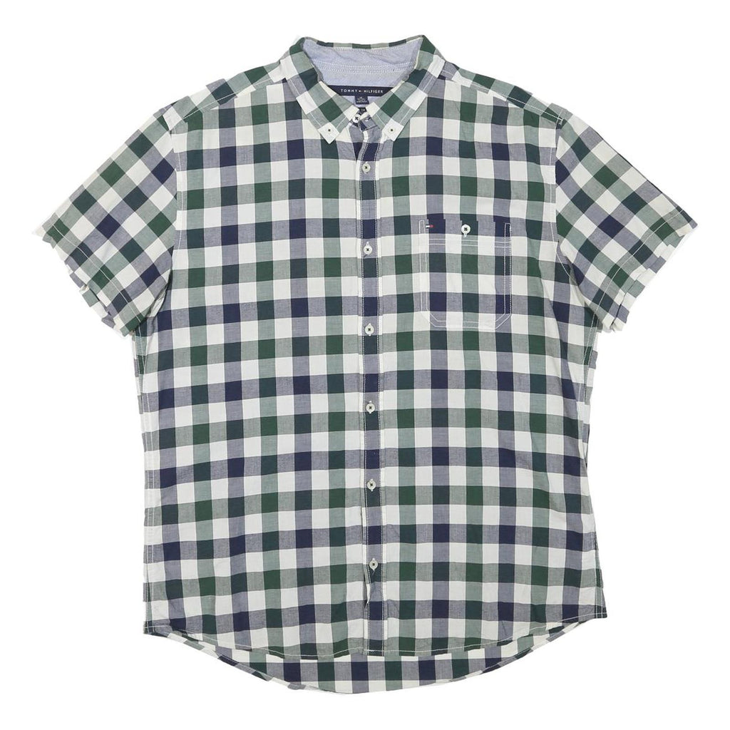 TOMMY HILFIGER Mens Blue & Green Check Shirt XL Casual Cotton Blend Summer Style