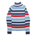 TOMMY HILFIGER Womens Blue & Red Patterned Jumper Roll Neck Rib Knit M Cotton