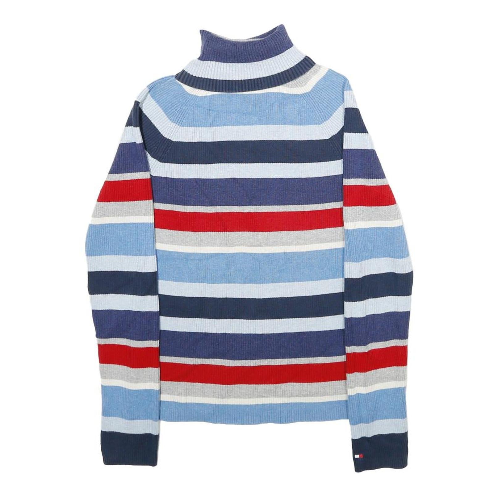 TOMMY HILFIGER Womens Blue & Red Patterned Jumper Roll Neck Rib Knit M Cotton