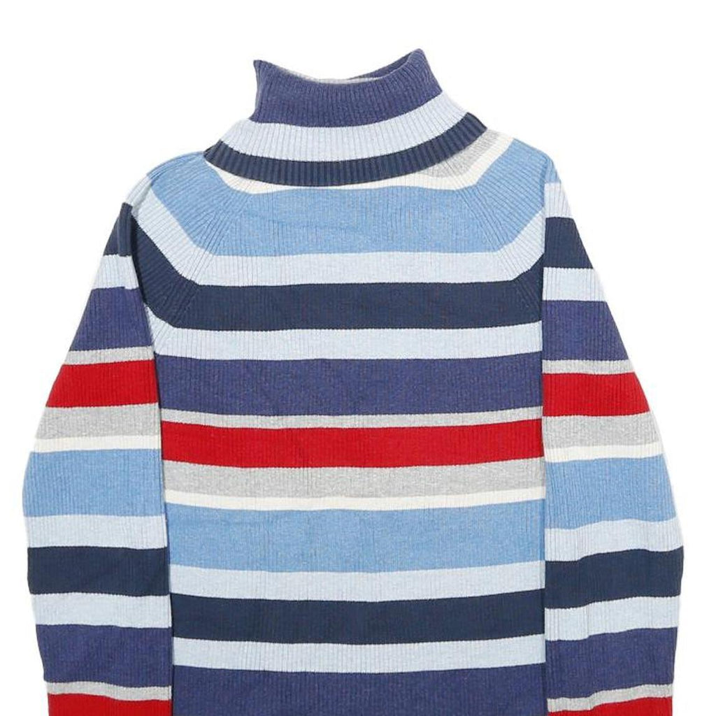 TOMMY HILFIGER Womens Blue & Red Patterned Jumper Roll Neck Rib Knit M Cotton