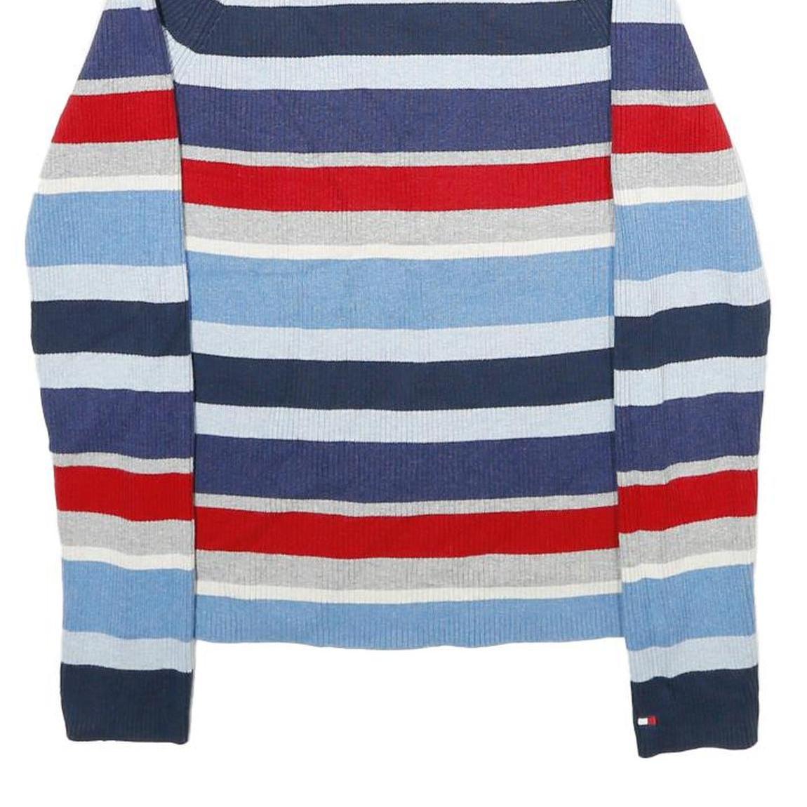 TOMMY HILFIGER Womens Blue & Red Patterned Jumper Roll Neck Rib Knit M Cotton