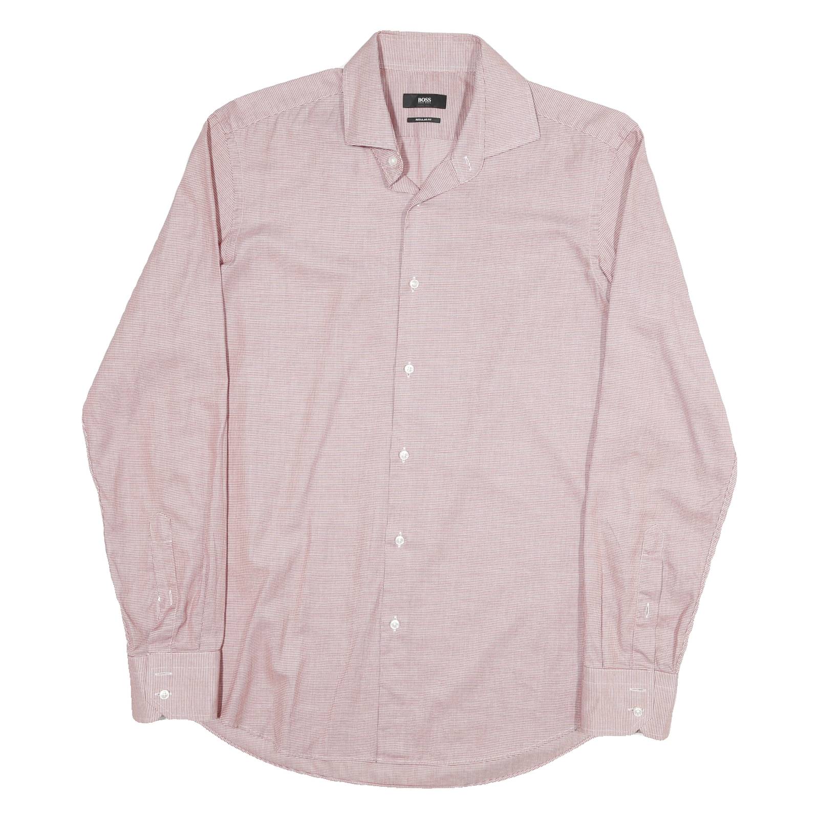 BOSS Mens Red Plain Regular Fit Shirt M Button Collar Cotton Blend Formal