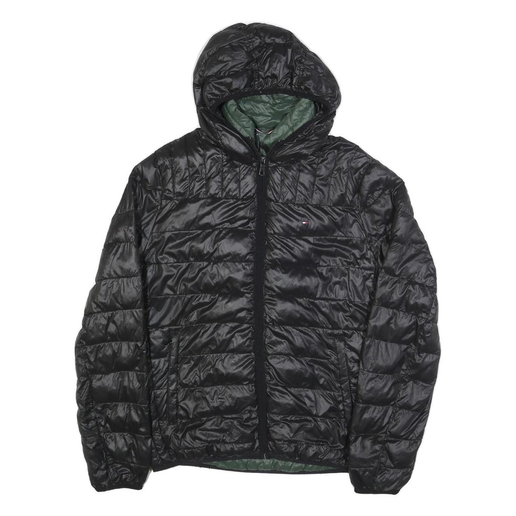 TOMMY HILFIGER Mens Black & Green Puffer Jacket S Nylon Hooded Zip