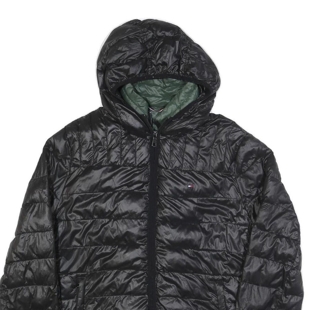 TOMMY HILFIGER Mens Black & Green Puffer Jacket S Nylon Hooded Zip
