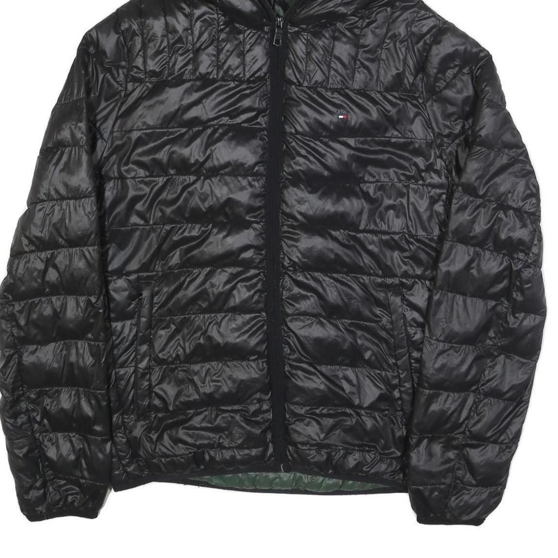 TOMMY HILFIGER Mens Black & Green Puffer Jacket S Nylon Hooded Zip