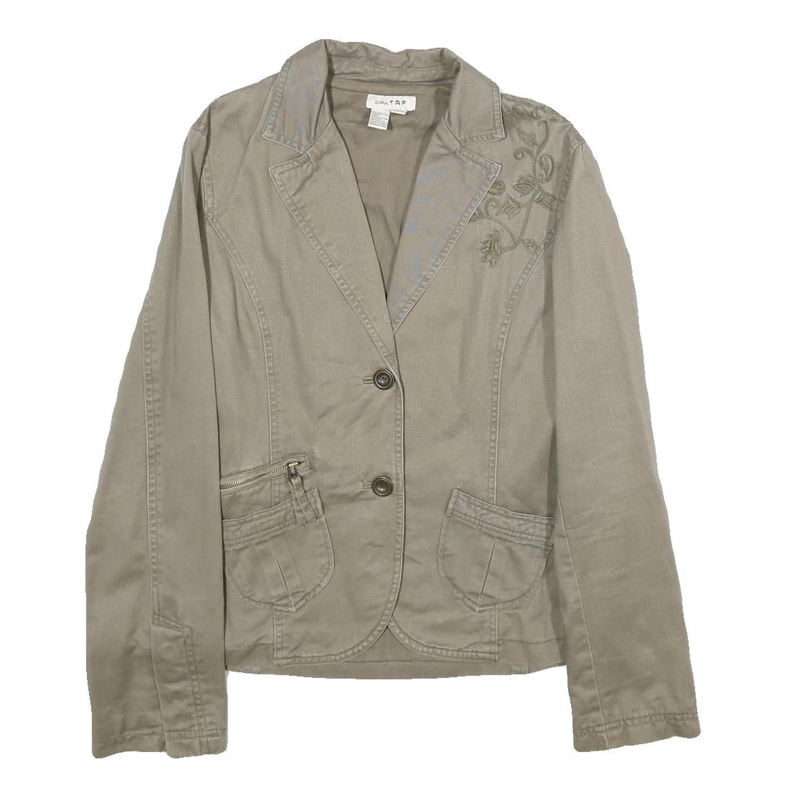 ZARA Womens Beige Cotton Jacket L Button Plain Floral Embroidered Detail