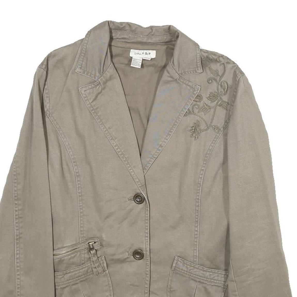 ZARA Womens Beige Cotton Jacket L Button Plain Floral Embroidered Detail